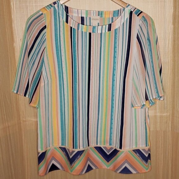 Chico's Womens Bright Color Striped Silky Short Sleeve Blouse Medium - Picture 1 of 5
